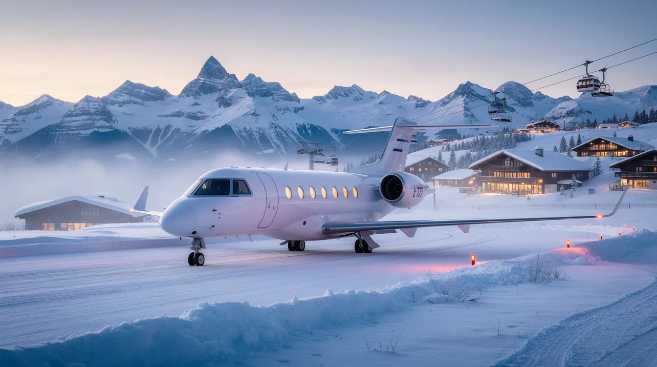 A small private jet is parked on a snowy mountain airstrip, with majestic ski resort peaks rising in the background, creating a picturesque scene perfect for holiday travelers planning their next trip. This setting evokes the excitement of booking flights during the holiday season, whether for Thanksgiving or Christmas, as travelers seek the best deals for their winter vacations.