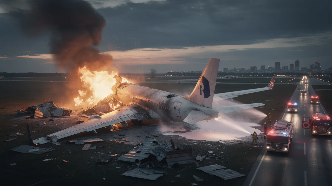 The image depicts a dramatic scene of a plane crash, highlighting the wreckage of an aircraft on the ground, surrounded by emergency responders and debris. This aviation accident raises concerns about aviation safety, human error, and the challenges faced by air traffic controllers and experienced pilots in ensuring the safety of air travel.