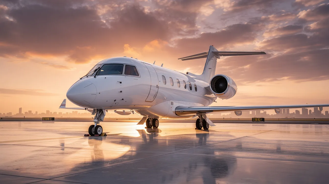 A sleek modern private jet is parked on a clean airport tarmac, bathed in the warm hues of a sunset. This scene highlights the beauty of air travel while underscoring the importance of aviation safety and the role of experienced pilots in ensuring a safe flight experience.