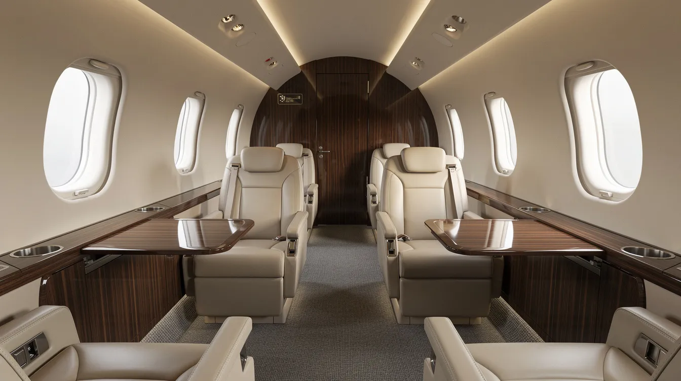 The image depicts the interior of a modern business jet cabin, featuring luxurious cream leather seats and polished wood side panels, all illuminated by soft ambient lighting, creating a serene atmosphere ideal for private aviation. This elegant design reflects the high standards of comfort and sophistication that clients expect from aircraft sales and management services.