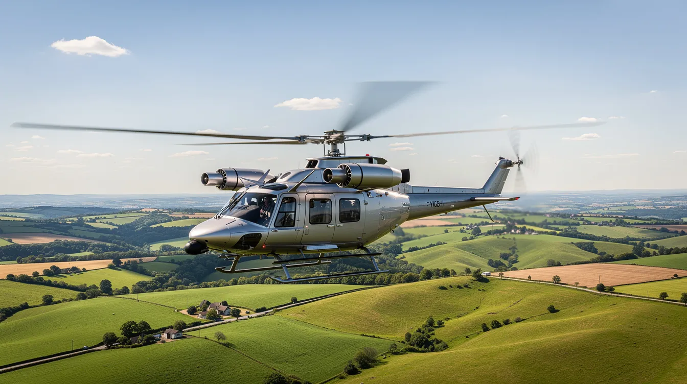 A twin-engine helicopter soars gracefully over lush, rolling green hills and picturesque countryside under a bright blue sky, showcasing the beauty of private aviation. This scene highlights the capabilities of modern helicopters, often associated with services like charter flights and aircraft management at locations such as London Oxford Airport.