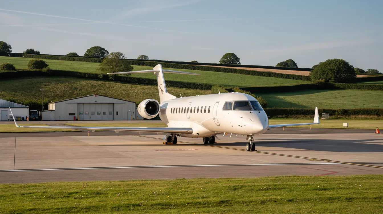 A sleek business jet is parked on the tarmac of London Oxford Airport, surrounded by the lush green English countryside and under clear blue skies, showcasing the elegance of private aviation. This image captures the essence of modern aircraft management and the premium service offered to aircraft owners and clients.