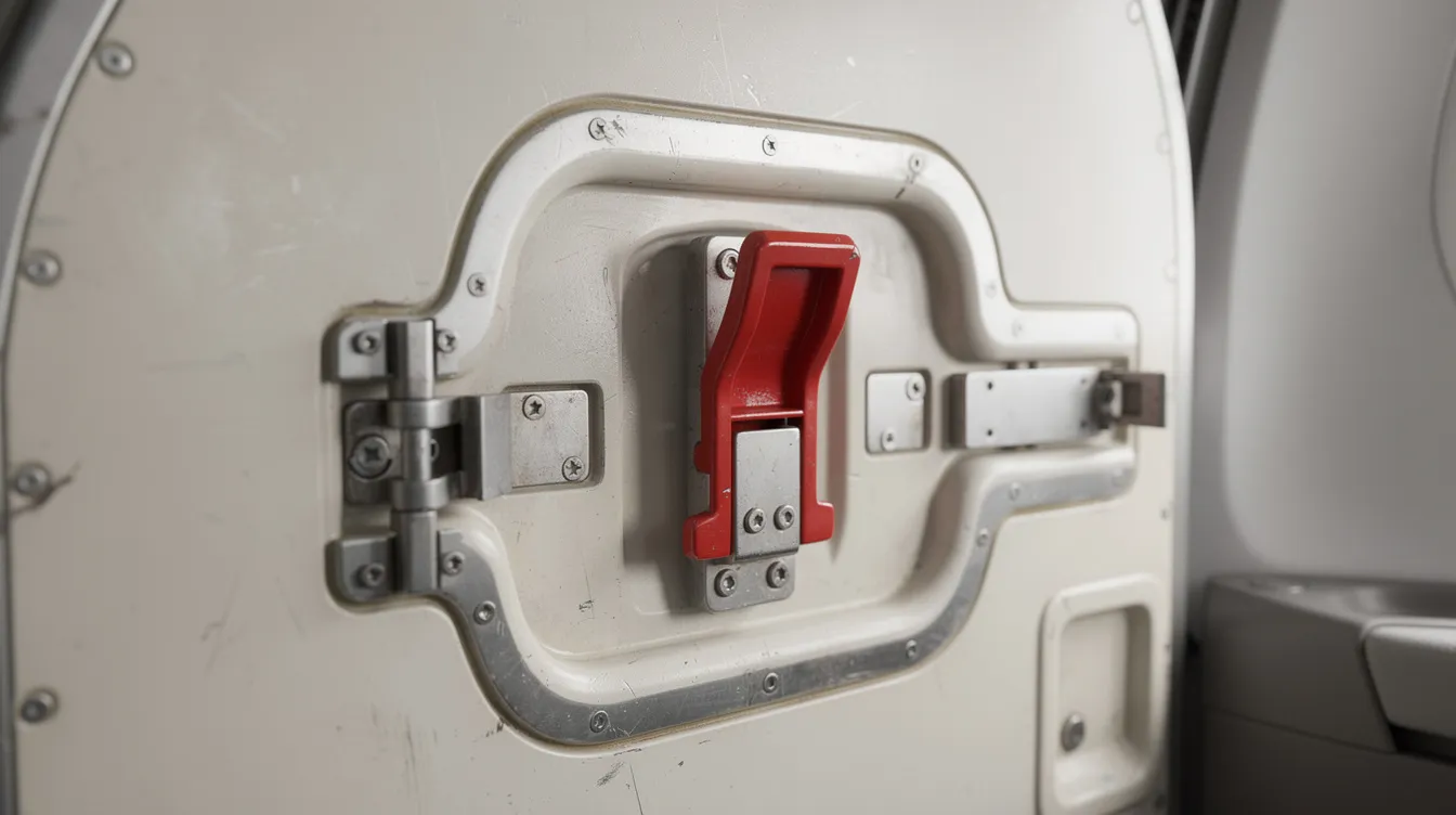 A close-up view of an aircraft emergency exit door reveals the handle mechanism designed for quick escape in case of a plane crash, emphasizing the importance of safety and survival for passengers during incidents. The image highlights the critical escape route that can increase the survival rate in emergencies.
