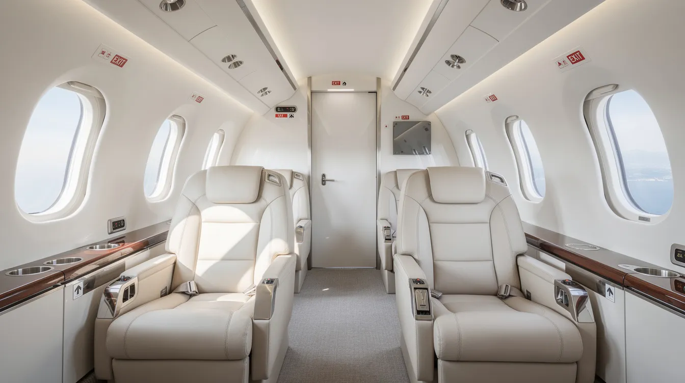 The image depicts the interior of a modern private jet cabin featuring luxurious leather seats, clear emergency exit markings, and a clean, organized layout, emphasizing safety for passengers during flights. The design includes accessible exits to enhance the survival rate in the event of a plane crash or emergency incident.