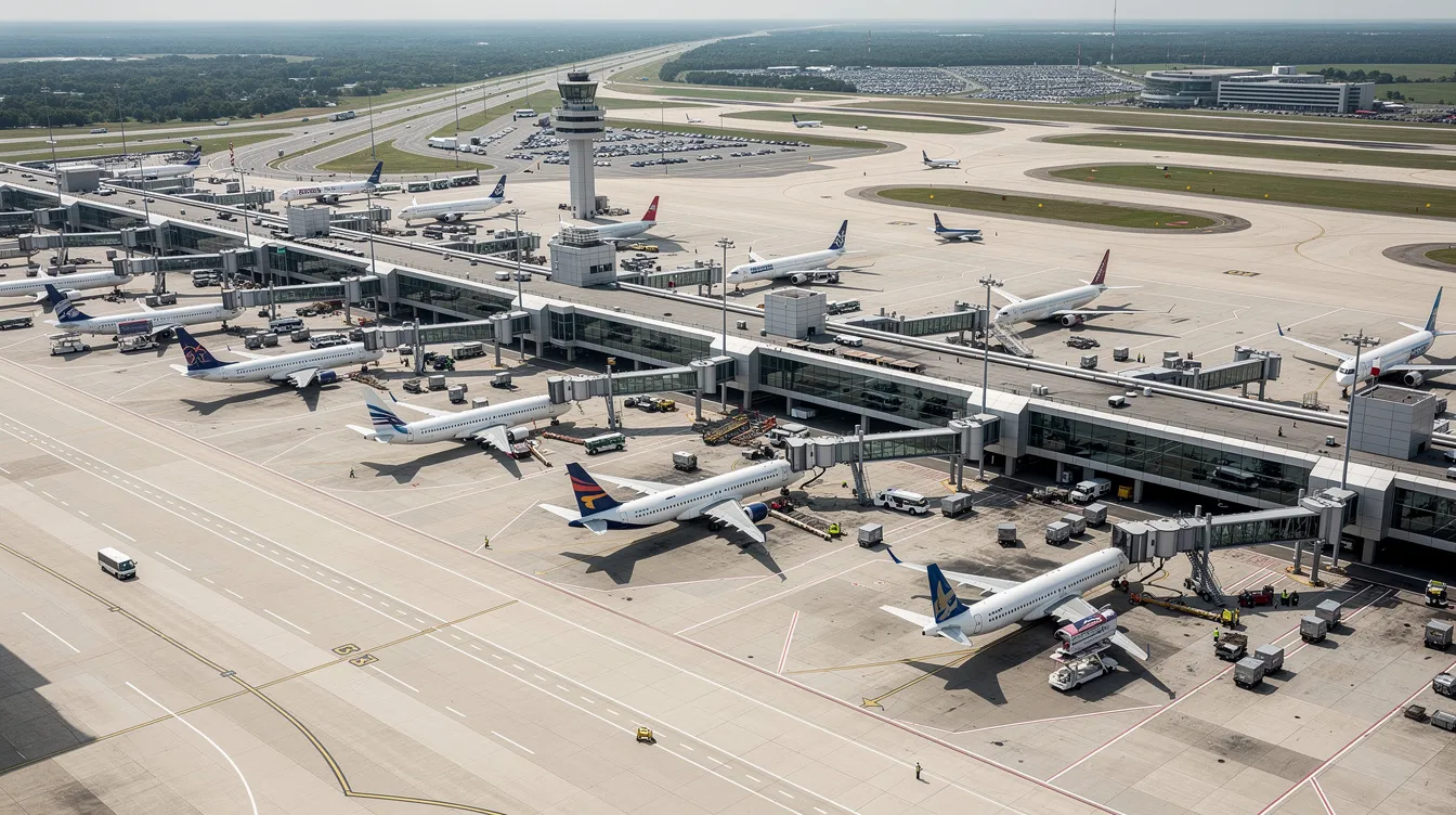 An aerial view captures a bustling airport scene with various aircraft of different sizes parked at their respective gates, illustrating the busy nature of air travel. This image highlights the importance of safety in aviation and the survivability of plane crashes, as many passengers board flights from these aircraft.