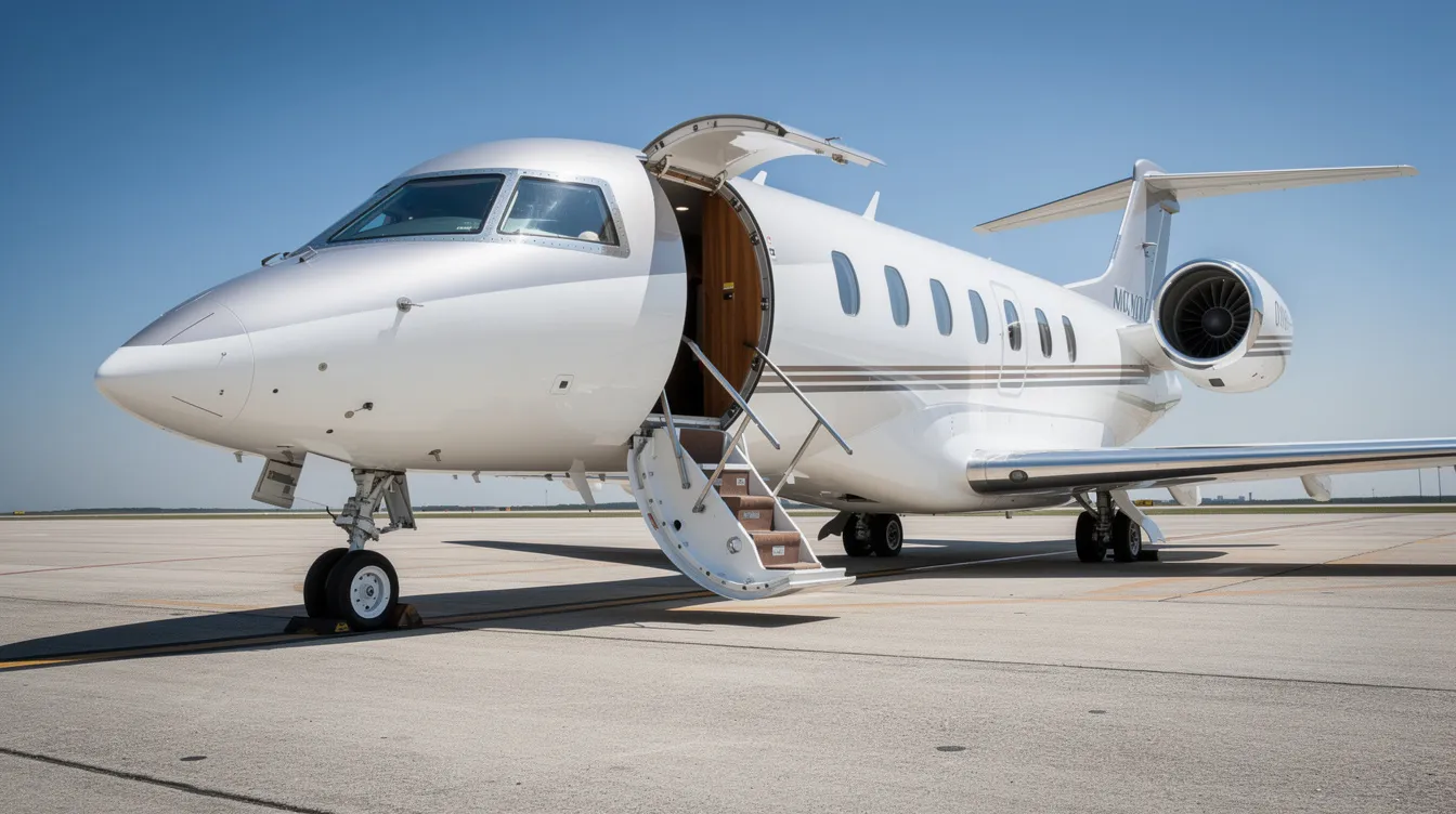 A sleek private jet is parked on a tarmac, with its steps extended and a clear blue sky in the background, symbolizing luxury air travel. This image highlights the aviation industry, where safety and pilot training are essential to prevent incidents and ensure the well-being of passengers.