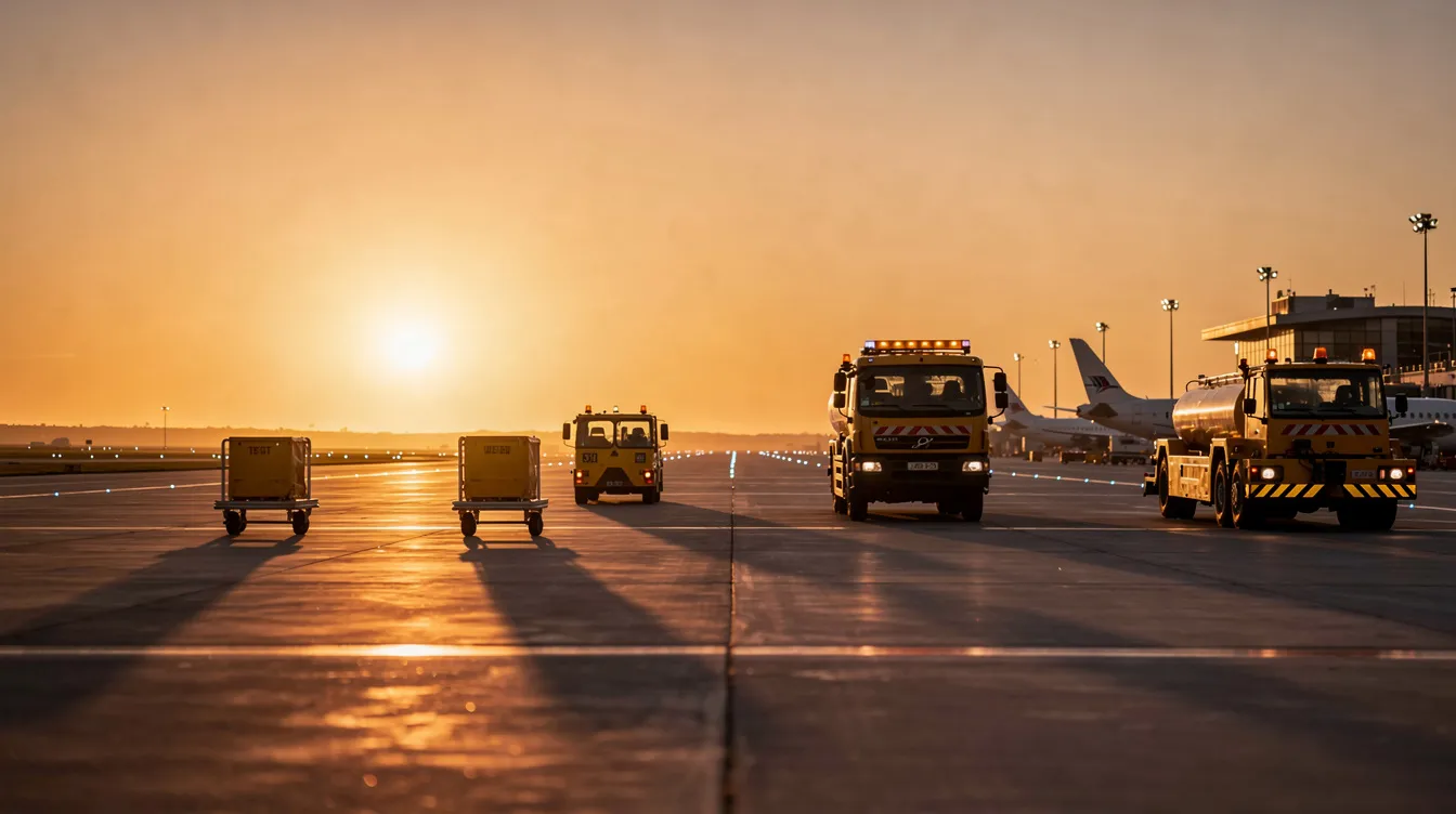 The image depicts an airport runway at sunset, with silhouettes of ground crew vehicles visible in the distance, creating a serene yet bustling atmosphere typical of air travel operations. This scene highlights the importance of aviation safety and the diligent work of ground crews in ensuring safe takeoffs and landings for aircraft.
