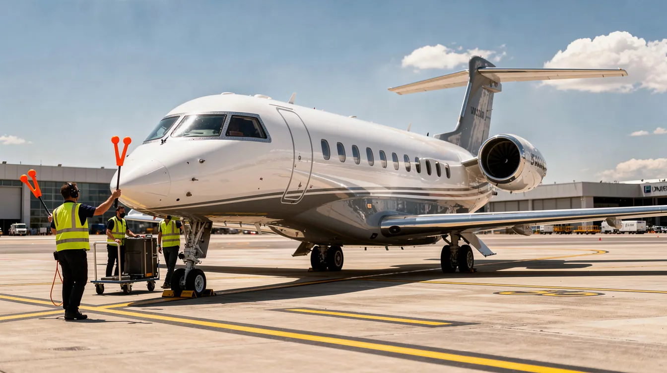 A sleek private jet is parked on a sunlit runway, with ground crew members nearby preparing for departure. The scene captures the essence of aviation excellence, highlighting the luxury and precision associated with the aerospace industry.