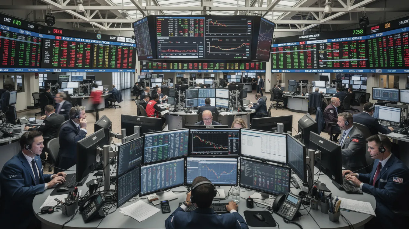 The image depicts a bustling stock exchange trading floor filled with traders actively engaging in buying and selling stocks, while digital price tickers display real-time data on various financial products, including those related to aviation and companies like Taneja Aerospace. The atmosphere is charged with energy as participants track market risks and make investment decisions based on the latest information provided.