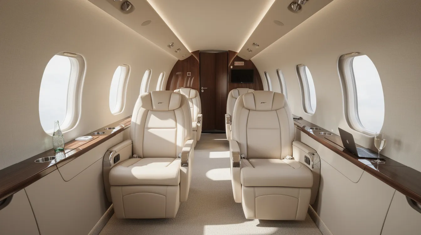 The image depicts the interior of a modern midsize private jet, featuring luxurious leather seats and large windows that provide ample natural light. This elegant space exemplifies the quality and convenience of private aviation, catering to the needs of travelers seeking a comfortable flying experience.