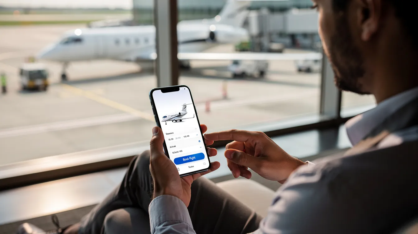 A person is engaged in booking a private flight on their smartphone, with an airport visible through a window behind them, highlighting the growing demand for private aviation and private jet travel. This scene captures the convenience of private jet charter services in today's busy travel landscape.