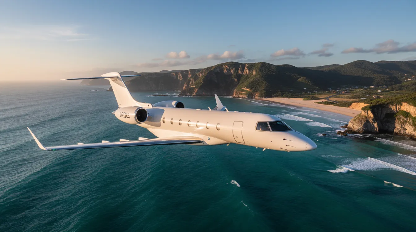 A sleek private jet soars above a stunning coastline, showcasing vibrant turquoise waters and lush green hills below, highlighting the allure of private aviation for discerning travelers. This image captures the essence of private jet travel, emphasizing the growing demand for private aircraft in a picturesque setting.