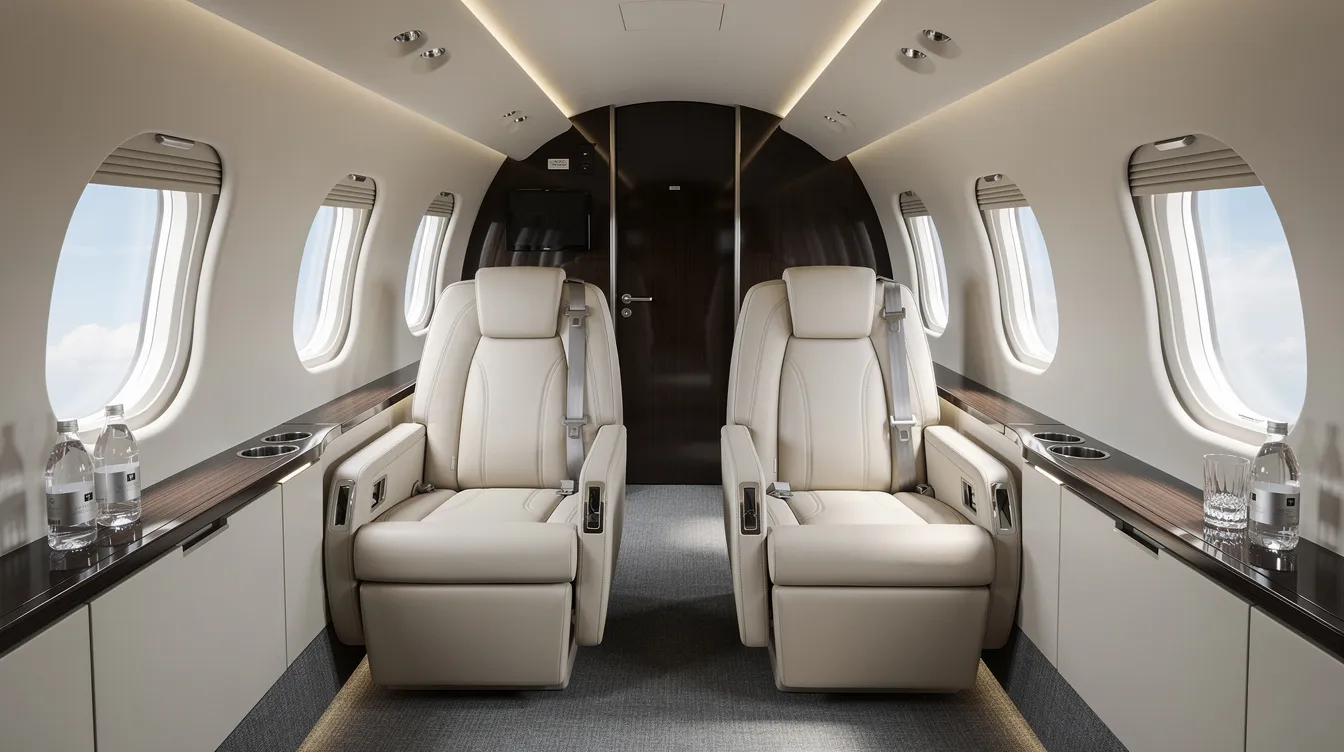 The image depicts the interior of a modern midsize private jet cabin, featuring plush leather seats and large windows that allow ample natural light. This luxurious space exemplifies the comfort and style associated with the private aviation industry, catering to high net worth individuals seeking an exclusive travel experience.