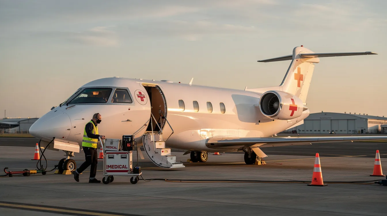 A small medical jet, serving as an air ambulance, is parked on the runway with ground crew members preparing for departure, showcasing the crucial role of air ambulance transport in emergency medical situations. The scene highlights the specialized equipment and services involved in ensuring safe and efficient medical evacuation for patients.