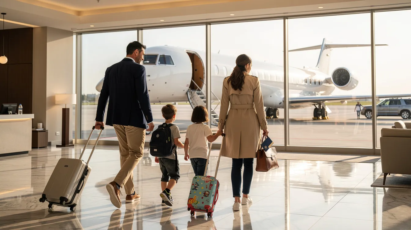 A family walks through a private aviation terminal towards a waiting fixed wing aircraft, ready for an air ambulance flight. This scene highlights the importance of air ambulance services in medical emergencies, ensuring patients receive timely medical transport to specialized facilities.