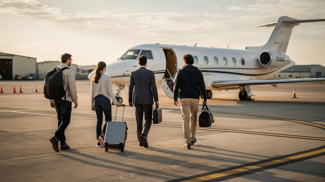 Four travelers are walking across a small airport tarmac towards a white private jet, highlighting the luxury and convenience of private jet travel. This scene captures the essence of personalized service and greater flexibility that comes with chartering a private aircraft, making it an attractive option for savvy travelers looking for available empty leg flights.