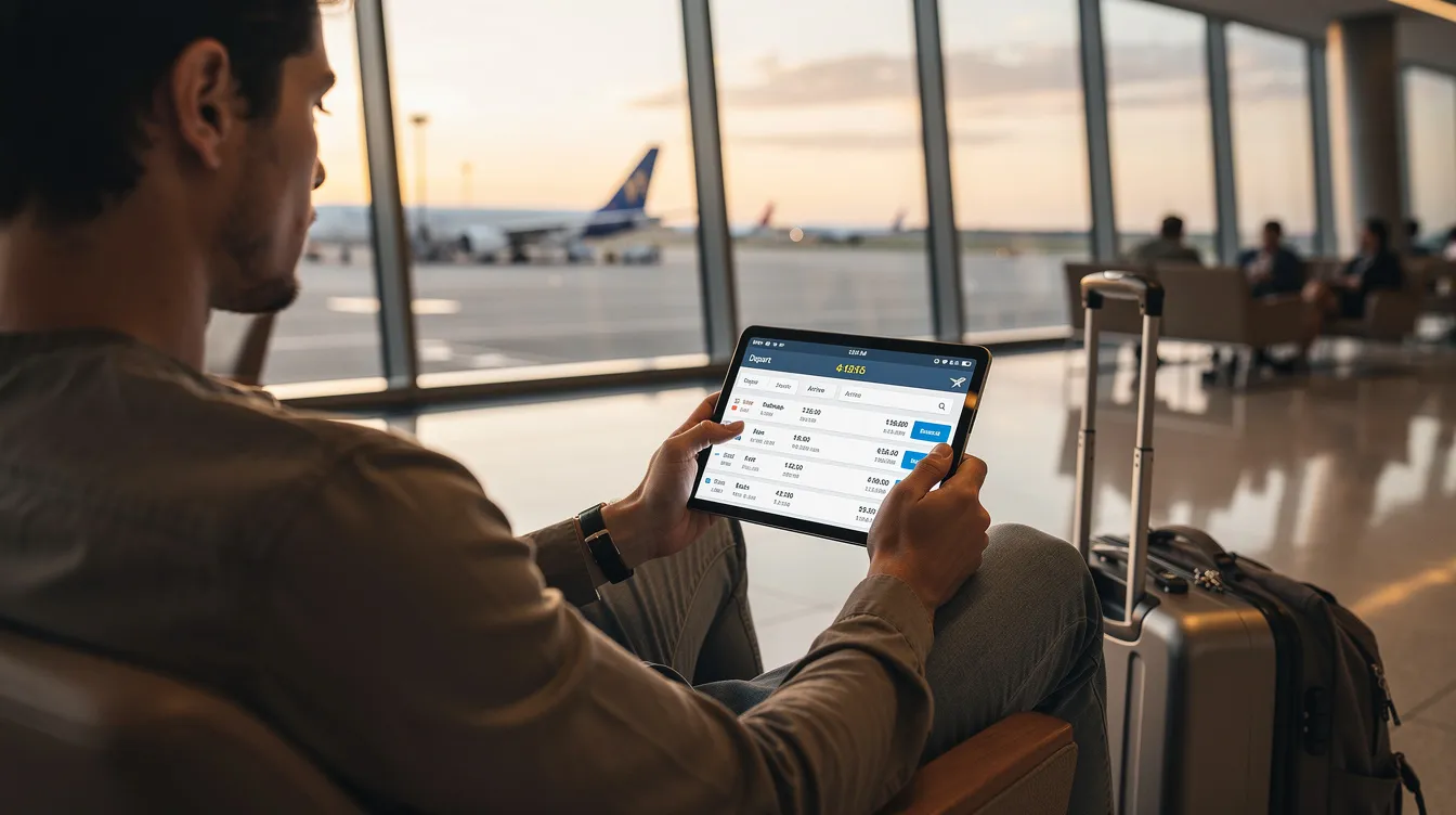 A traveler is seated in an airport lounge, intently scrolling through flight options on a tablet, exploring available empty leg flights for a potential private jet charter. The scene captures the convenience of private aviation, allowing savvy travelers to find the best deals and flexible schedules for their next journey.