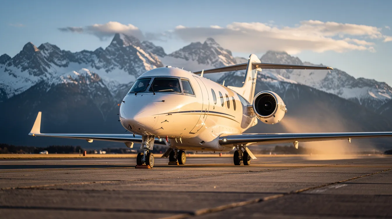 A midsize private jet is taxiing on a runway, with majestic mountains in the background, showcasing its sleek design and powerful engines. This aircraft's performance relies on careful weight and balance calculations to ensure it can safely take off and land, considering factors like maximum takeoff weight and usable fuel.