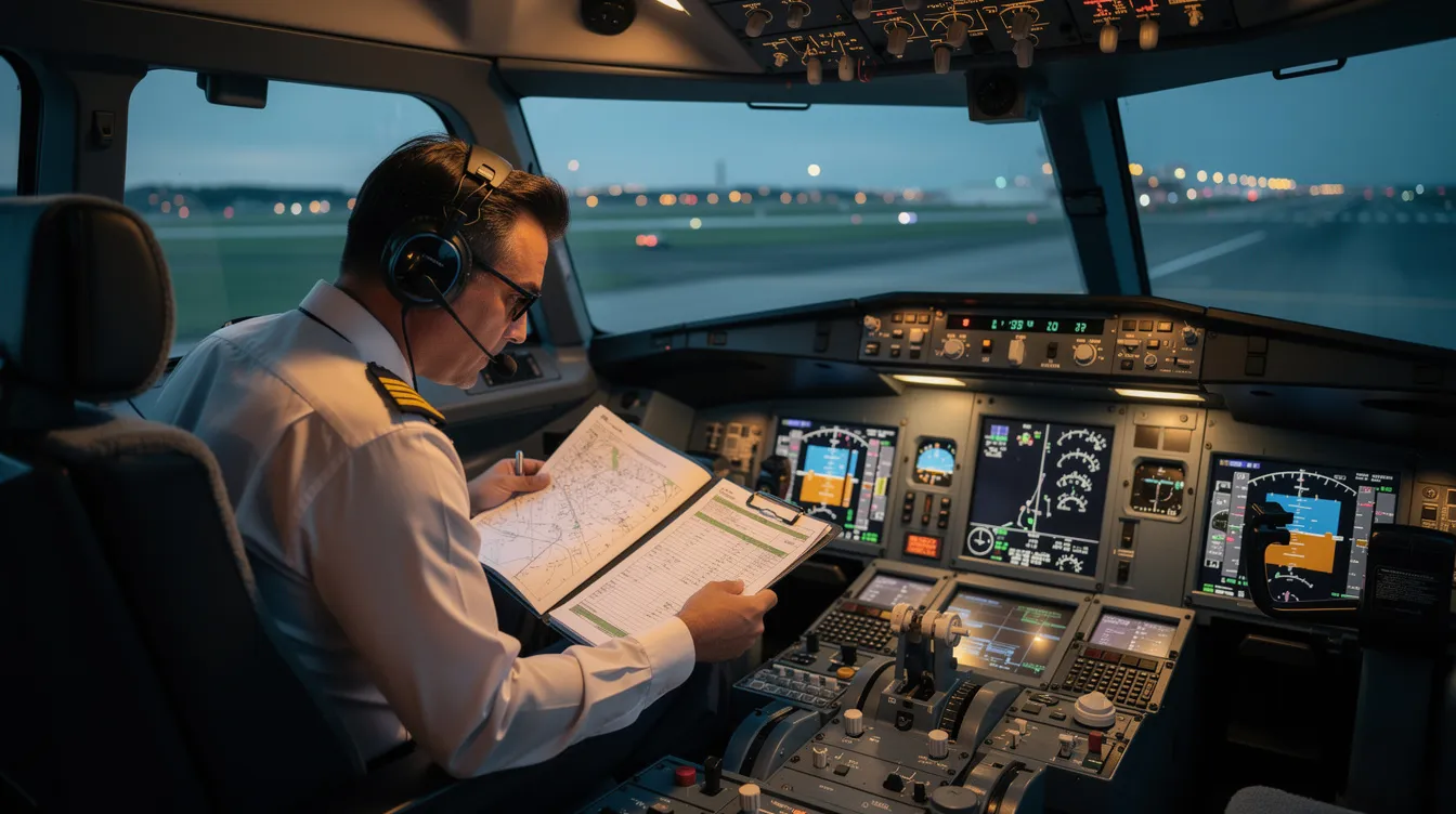A pilot sits in the cockpit, meticulously reviewing flight documents and instruments, ensuring that weight and balance calculations are accurate for a safe takeoff. The cockpit displays various instruments essential for assessing the aircraft's total weight, fuel weight, and operational limits before departure.