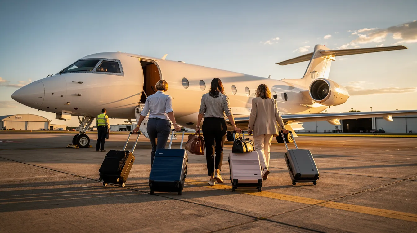 A group of passengers with luggage walks toward a private jet on a sunny tarmac, ready for their flight. The scene highlights the importance of weight management, as the aircraft's maximum takeoff weight must be considered for safe operations.