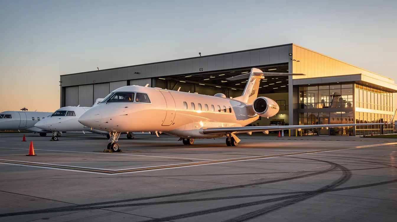 The image features several business jets parked at an FBO ramp, with a large hangar in the background. This scene highlights the operational aspects of aviation, including fuel services and support for flight departments at participating locations.