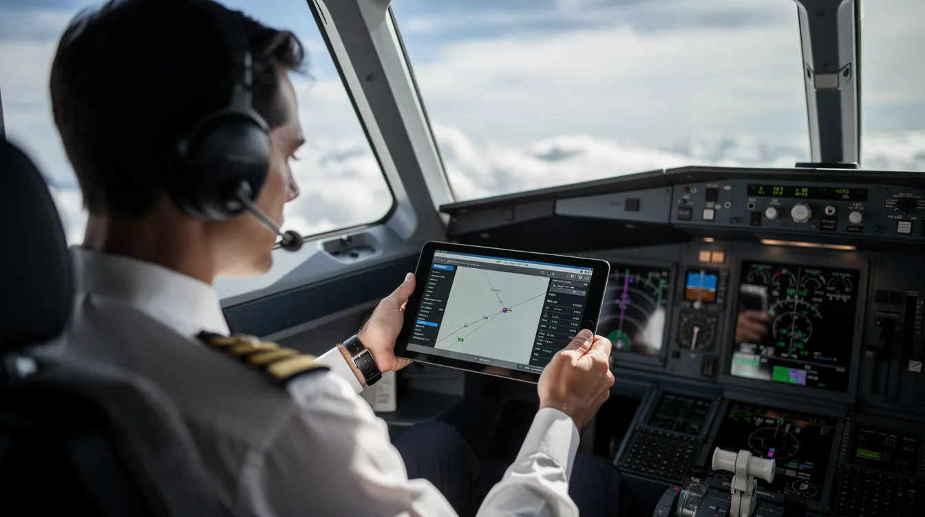 A pilot sits in the cockpit, intently reviewing flight information on a tablet, which may include details about aviation fuel procurement and fuel pricing. The scene captures the operational focus of the pilot as they prepare for their flight, highlighting the importance of efficient fuel management in aviation.