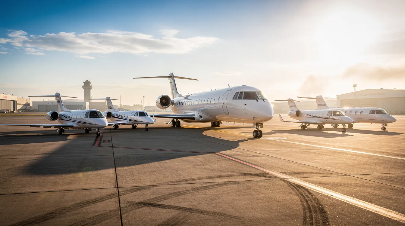 The image depicts multiple private jets of varying sizes parked on a sunlit airport tarmac, showcasing some of the fastest private jets in the world. These aircraft, designed for unmatched speed and long-range capabilities, represent the pinnacle of business aviation.