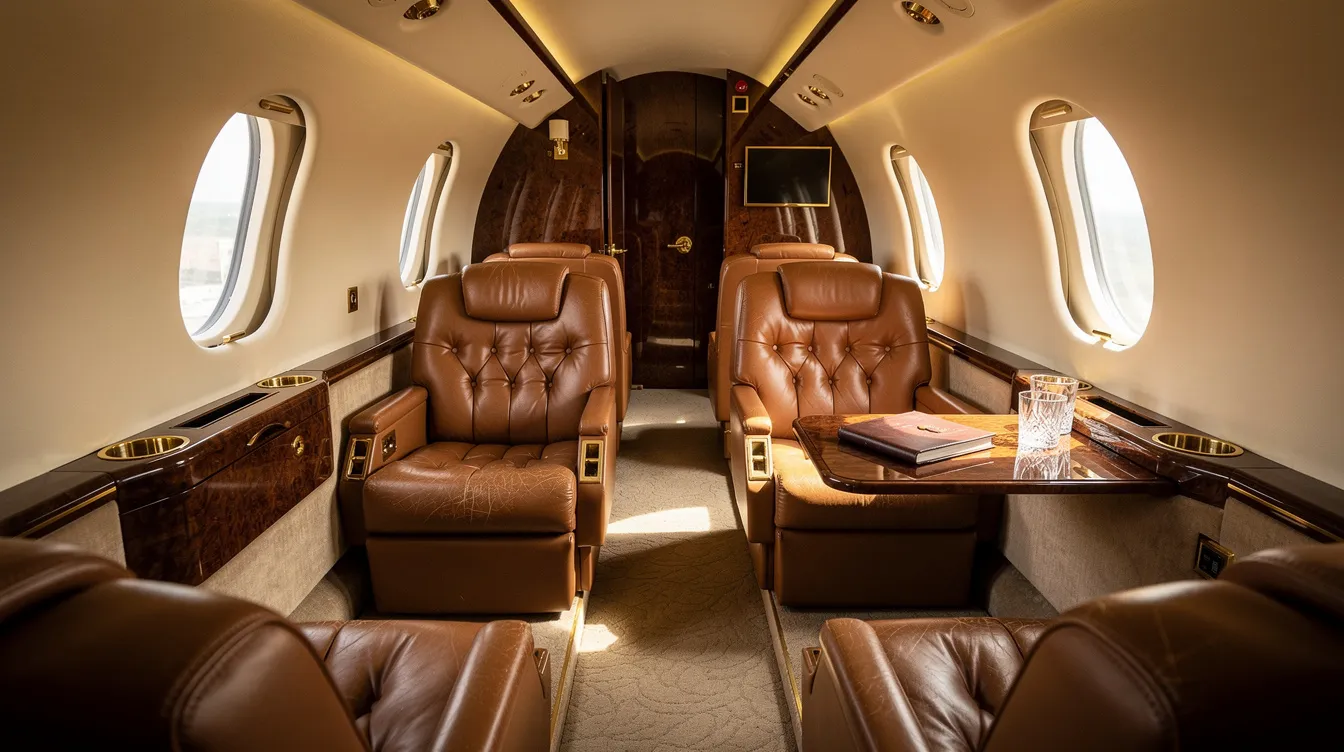 The image depicts the interior of a vintage private jet cabin, featuring luxurious leather club seats arranged to face each other, complemented by elegant wood-grain accents. This sophisticated space is characteristic of the Dassault Falcon series, designed for comfort and style during flight.