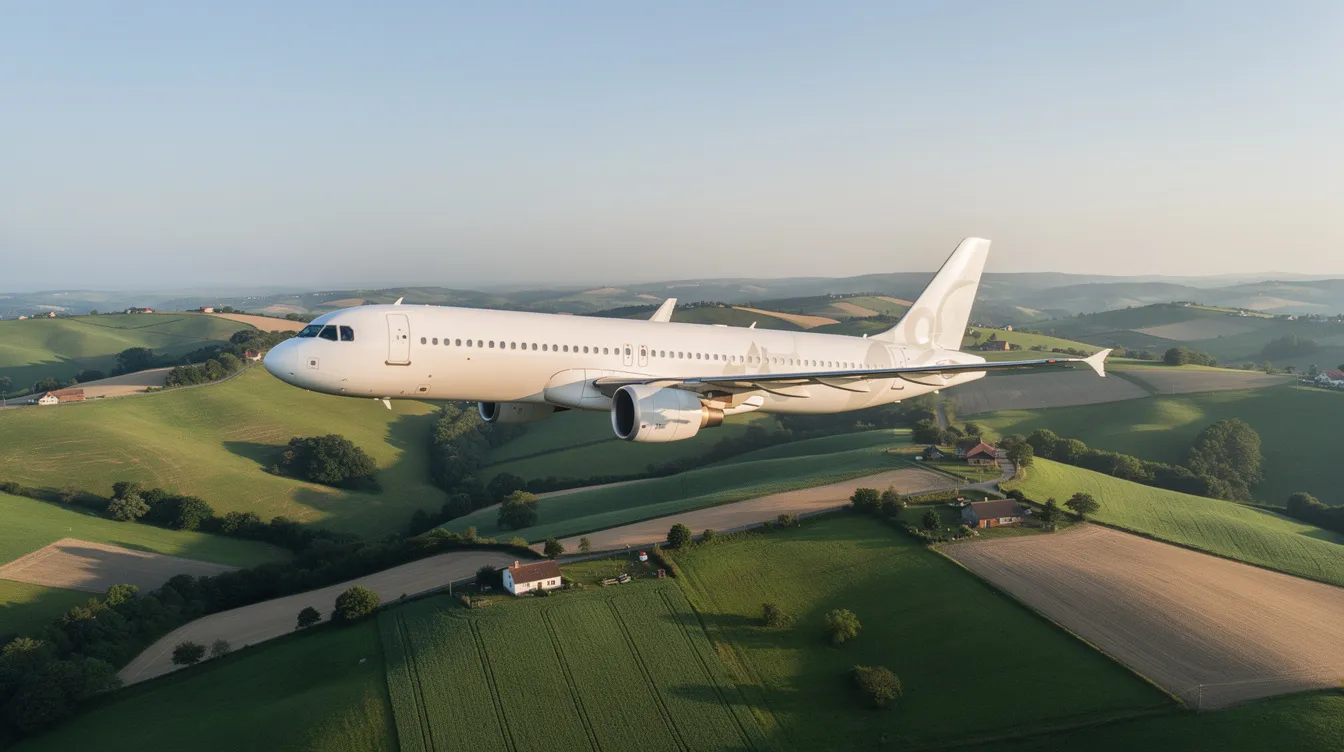 A twin-engine Dassault Falcon jet is soaring gracefully over lush green rolling hills and farmland, set against a clear blue sky. This aircraft, known for its fuel economy and range, showcases the elegance of modern aviation in flight.