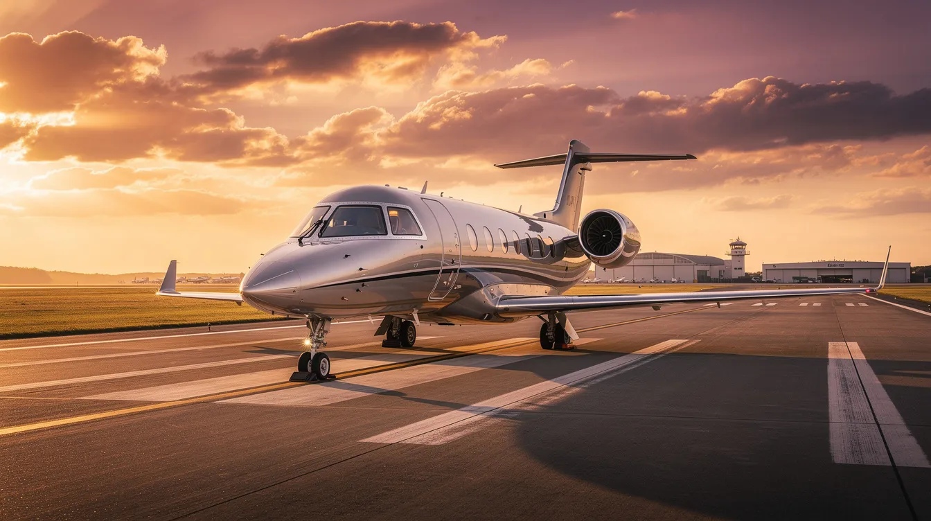 A small private jet is parked on a runway during golden hour, with a stunning sunset creating a warm glow in the background. This scene captures the essence of private aviation, highlighting the allure of private jet travel and the luxurious experience it offers.