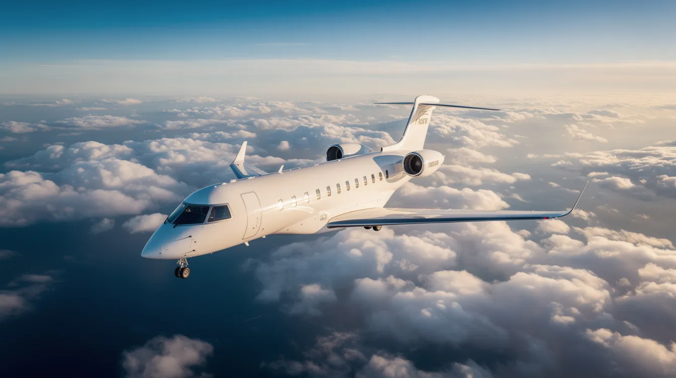 A large private jet soars above fluffy white clouds, casting a shadow over the vast blue ocean below, showcasing the luxury of private aviation at high altitude. This image captures the essence of private jet travel, emphasizing the freedom and exclusivity of flying in an ultra long range jet.
