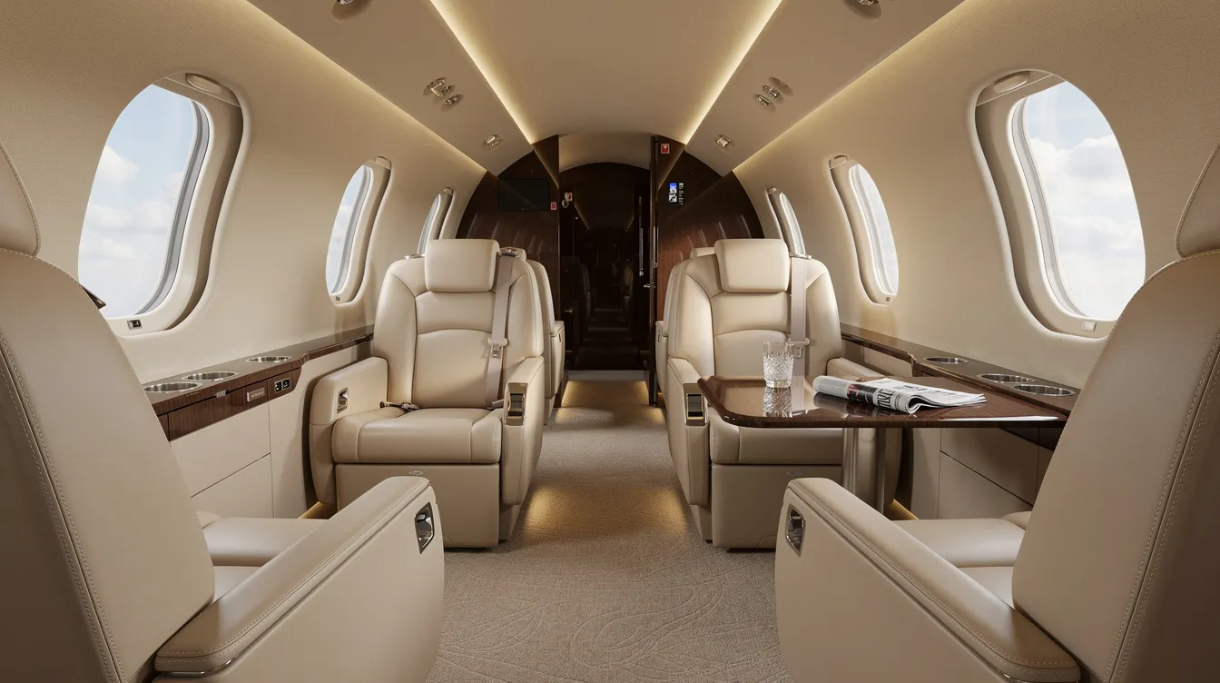 The image depicts the interior of a private jet cabin, featuring plush leather seats arranged around a small table, all viewed from the aisle. This luxurious space exemplifies the comfort and elegance of private aviation, ideal for travelers seeking a premium experience in private jet travel.