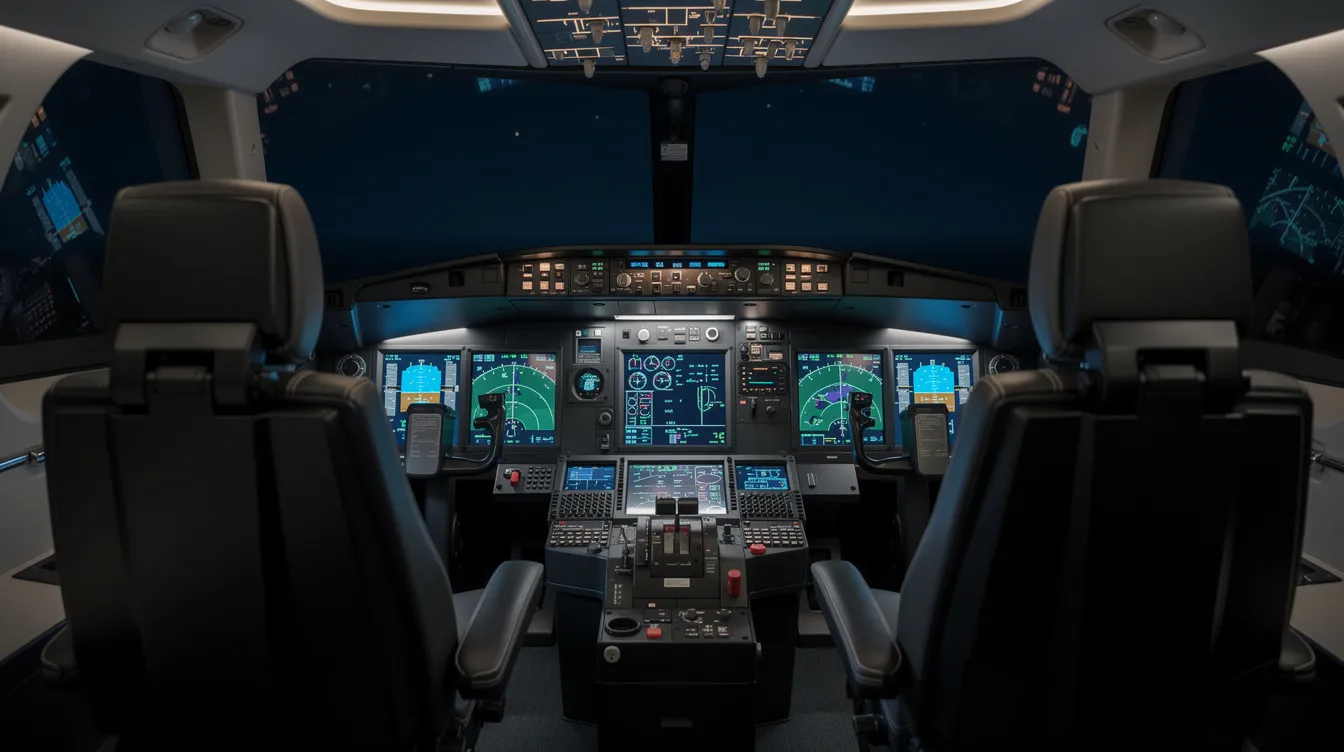 The image depicts a modern glass cockpit inside a private jet, featuring high-tech digital displays that illuminate the dimly lit cabin, showcasing advancements in the business aircraft industry. This sleek and sophisticated cockpit design reflects the rising demand for innovative technology in the private jet market.
