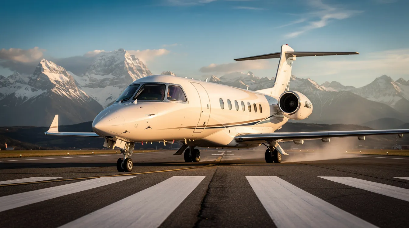 A sleek midsize private jet is taxiing on a sunlit runway, with majestic mountains in the background, showcasing the beauty of business travel in the private aircraft industry. This image highlights the increasing demand for private jets and the strategic partnerships driving growth in the aviation sector.
