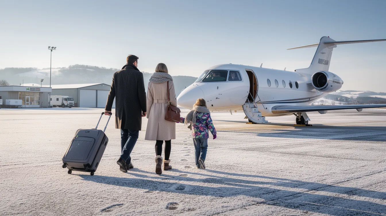 A family is seen walking toward a private jet at a small regional airport on a sunny winter morning, likely preparing for holiday travel. This scene captures the excitement of flying, as they embark on a trip during the busy season of Christmas flights, often associated with higher airfare pricing.