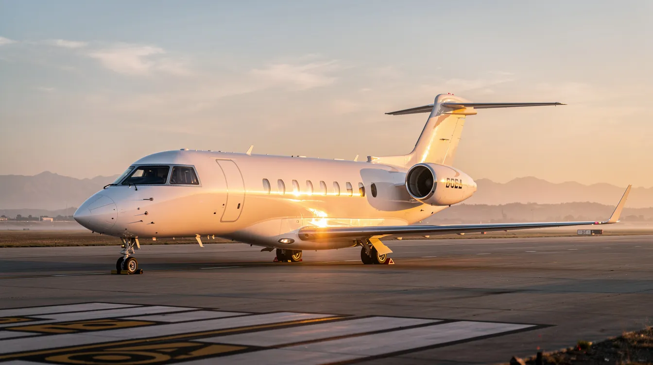 A sleek private jet is parked on a quiet runway bathed in the warm glow of golden hour, with distant mountains providing a serene backdrop. The image captures the luxury of private air travel, often associated with celebrities like Taylor Swift and Jeff Bezos, highlighting the allure of exclusive flights.
