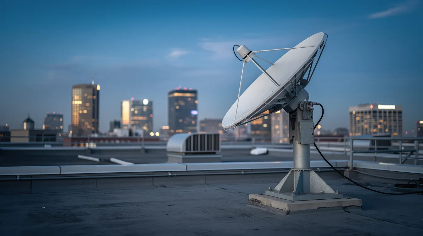 A satellite antenna dish is mounted on a rooftop, aimed towards the sky, with a vibrant city skyline visible in the background, symbolizing the connection and communication that enables flight tracking data for private jets owned by public figures like Taylor Swift and Jeff Bezos.