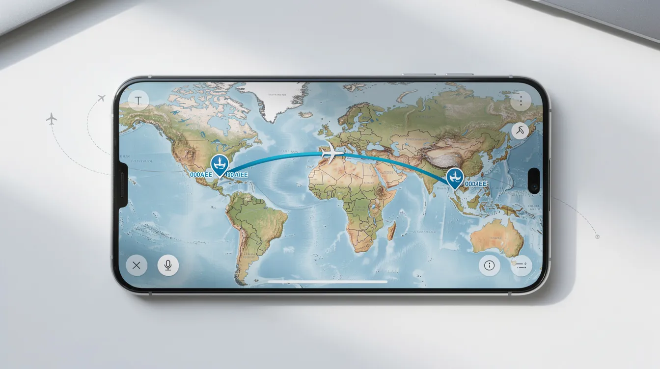 The image displays a smartphone screen featuring a map with flight path lines connecting two cities, illustrating flight tracking data. This representation is particularly relevant for those interested in celebrity jet tracking, as it highlights the routes of private jets belonging to public figures like Taylor Swift and Jeff Bezos.