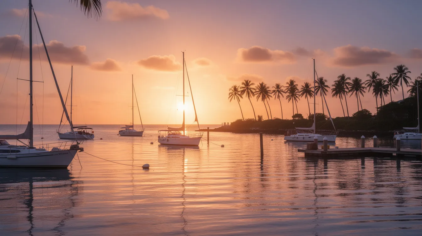 The image depicts a serene sunset over a harbor filled with sailboats, while palm trees sway gently in the foreground. This picturesque scene captures the essence of Key West, a popular destination for travelers seeking relaxation and beauty, often accessed via flights from Pittsburgh International Airport.