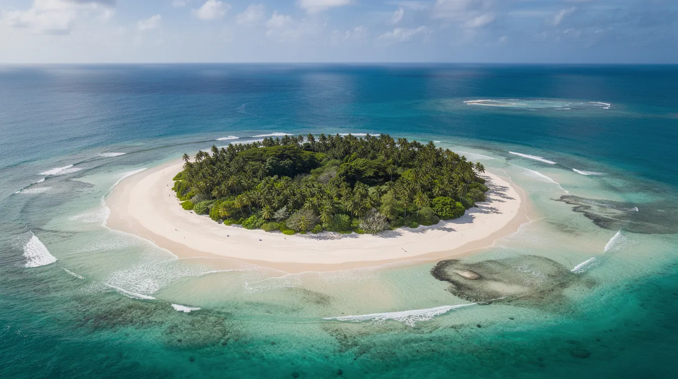 An aerial view showcases a small tropical island surrounded by stunning turquoise water, with pristine white sand beaches lining its shores. This picturesque scene highlights the allure of popular destinations like Key West, making it an ideal spot for travelers seeking a tropical getaway.