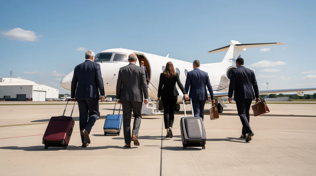A group of business travelers is walking toward a private jet at a small airport on a clear day, showcasing the luxury and convenience of private aviation. This scene highlights the appeal of private jet travel for frequent flyers seeking efficient and personalized service.