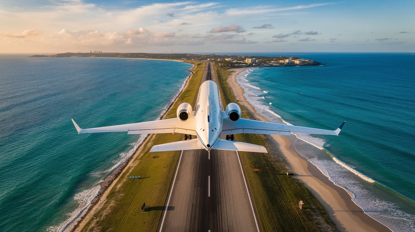 A private jet is gracefully descending toward a coastal runway, with stunning turquoise waters glistening in the background. This scene epitomizes luxury in the private aviation industry, highlighting the appeal of private jet travel for those seeking personalized service and guaranteed access to exclusive flight experiences.