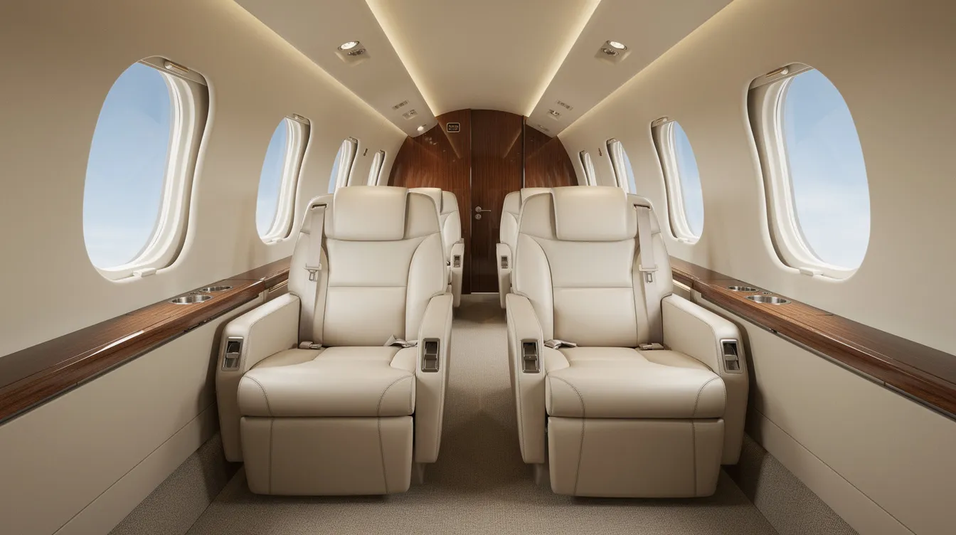 The image showcases the luxurious interior of a midsize private jet, featuring plush leather seats and ample natural light streaming through oval windows, highlighting the elegance of private aviation. This setting emphasizes the comfort and exclusivity associated with private jet travel and memberships, appealing to frequent flyers seeking personalized service and guaranteed access.