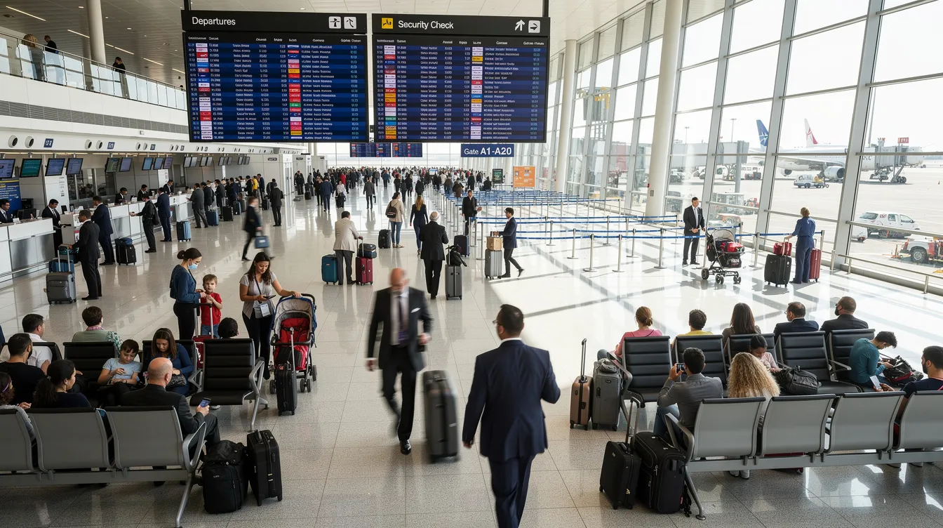 The image depicts a bustling airport scene during peak travel days, with numerous travelers checking in for their domestic flights, surrounded by flight information displays showing various destinations. The atmosphere is lively as passengers navigate the busy terminal, highlighting the challenges of booking flights during holiday seasons and the importance of planning for lower fares and ticket prices.