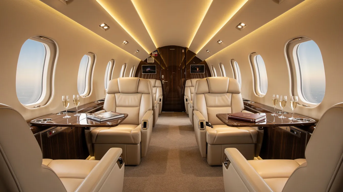 The image showcases the interior of a spacious luxury aircraft cabin, featuring wide leather seating and warm ambient lighting, designed for comfort and elegance in commercial aircraft like the Boeing 777 or Boeing 747. This inviting space emphasizes the premium experience for passengers flying in style.