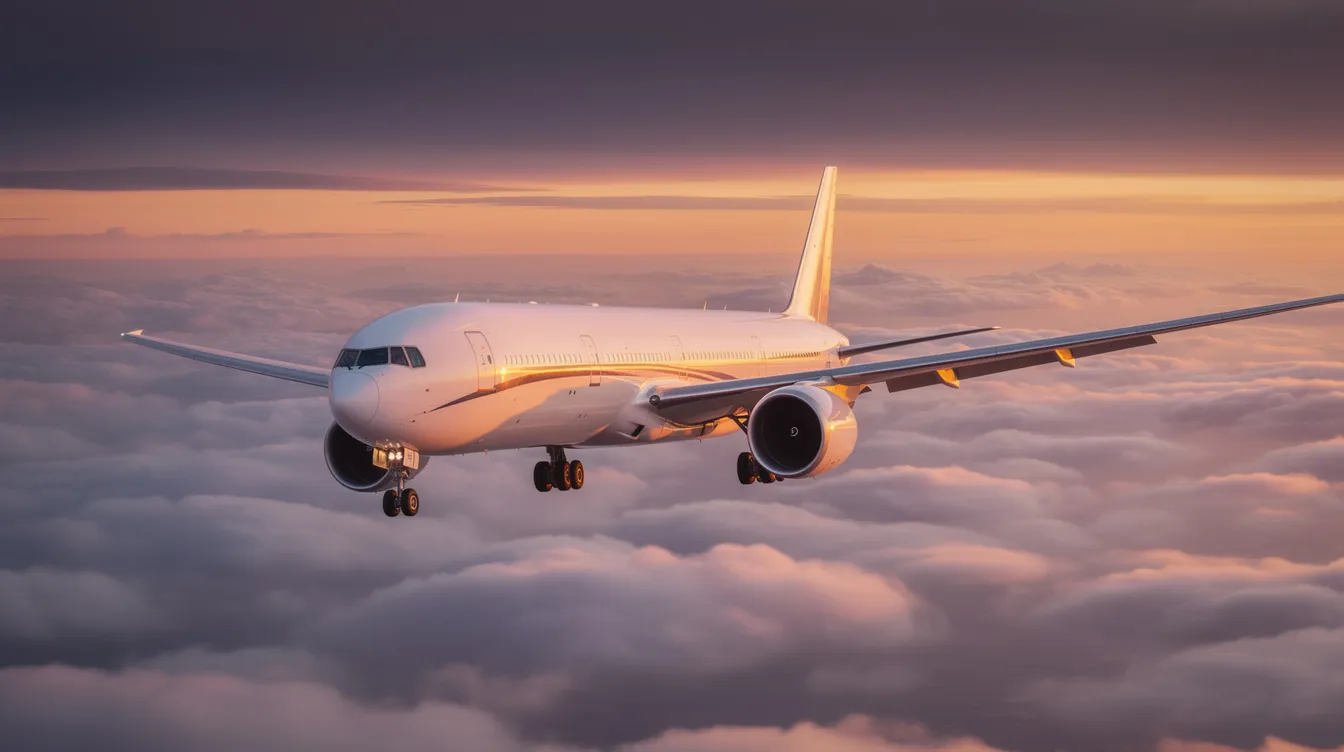 A large twin-engine Boeing 777 aircraft soars above a blanket of clouds during a vibrant sunset, showcasing the beauty of commercial aviation. The plane, part of Boeing's family of commercial airplanes, is designed for efficiency and comfort, making it a popular choice for airlines like Japan Airlines.