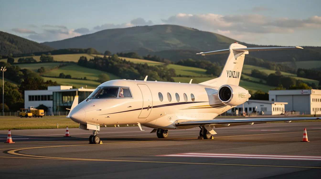 A small private jet is parked on the tarmac of a regional airport, with lush green hills rising in the background, creating a serene setting perfect for travelers seeking cheap labor day flights. The scene captures the essence of a peaceful getaway, ideal for those planning their labor day trip.