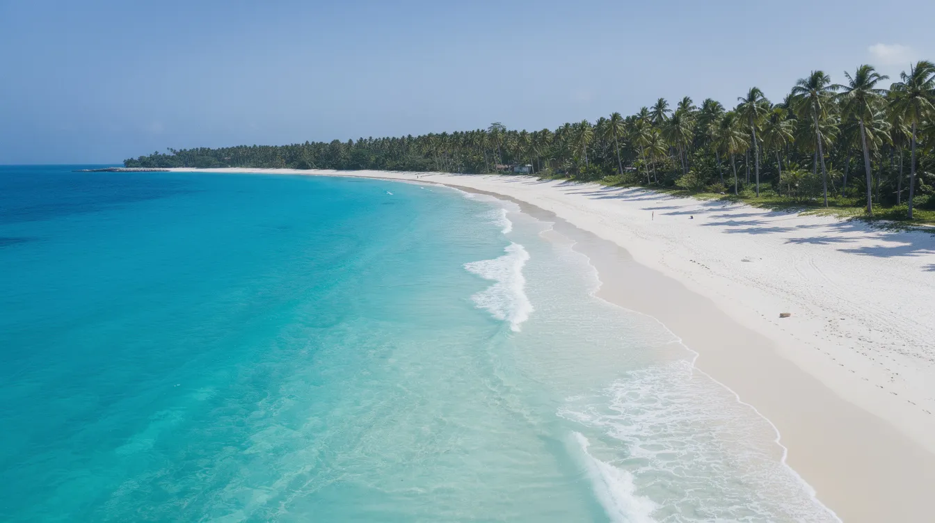 An aerial view captures a stunning tropical beach with crystal-clear turquoise water gently lapping against the shore, where soft white sand is framed by lush palm trees. This idyllic scene is perfect for planning your next labor day trip or finding cheap flights to popular labor day destinations.