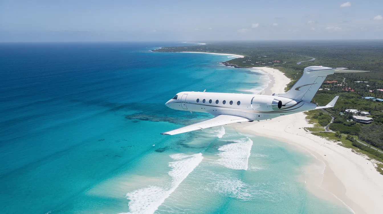 An aerial view captures a private jet soaring over a stunning coastline, where the vibrant turquoise waters meet soft white sand beaches below. This scene highlights the allure of private aviation, showcasing the luxurious travel experience offered by private jet charters.