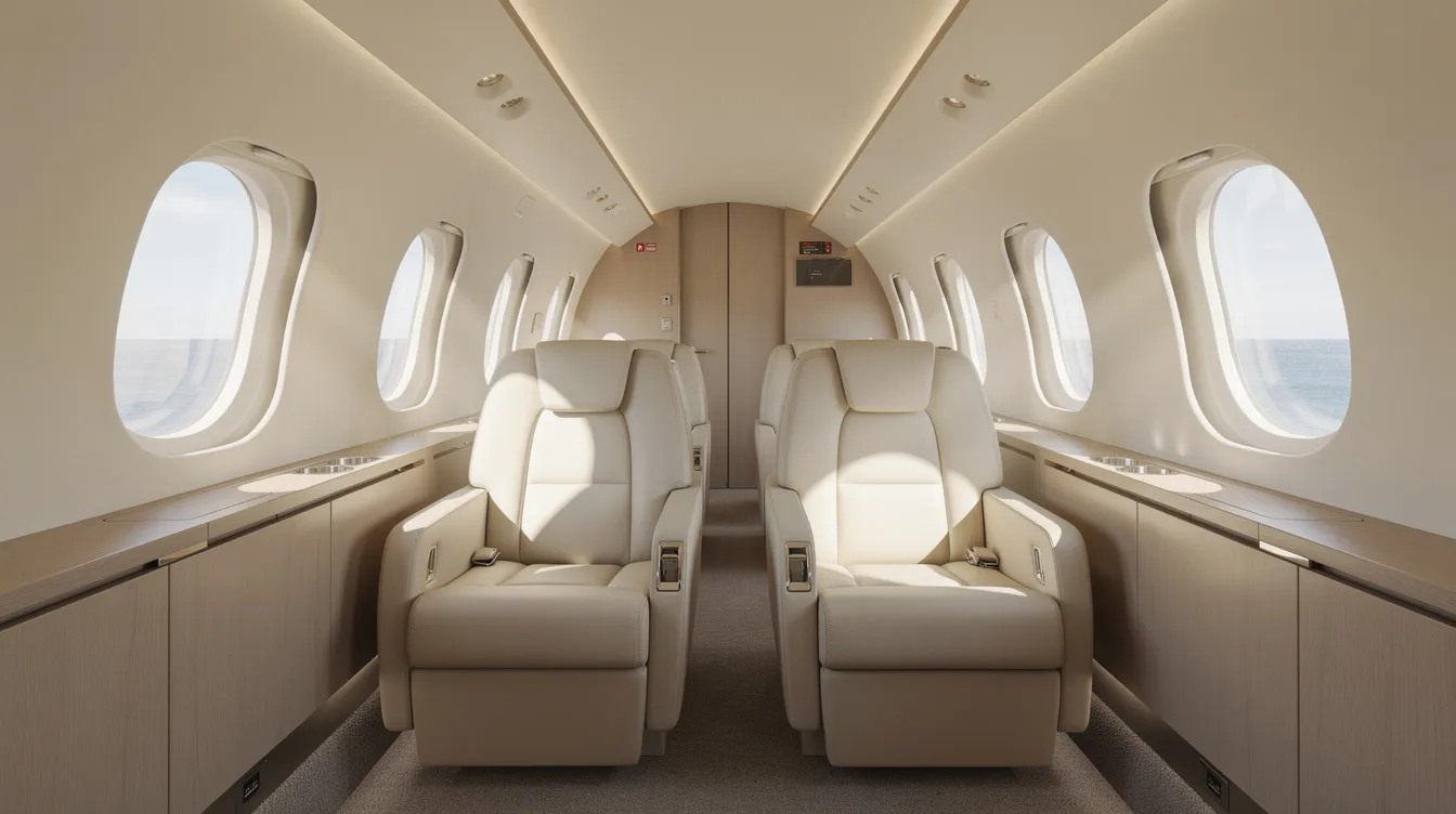 The image depicts the interior of a light jet cabin, featuring plush leather seats and large oval windows that allow natural light to flood the space. This luxurious environment is ideal for private jet travel, showcasing the comfort and style associated with private jet charters.